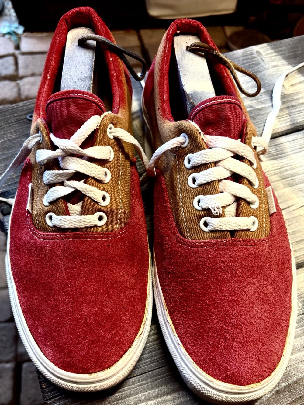 Red suede Vans sneakers with brown accents, size US 11 #skateboarding #vans
